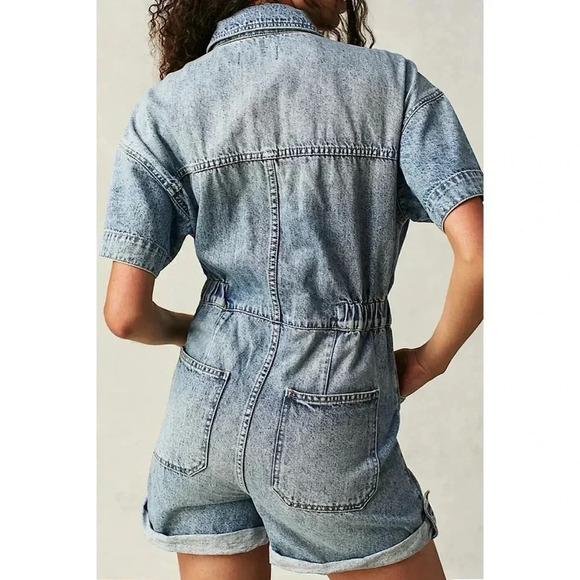 NWT Free People We The Free Marci Denim One Piece Romper Jeans Shortalls Blue - Picture 2 of 10